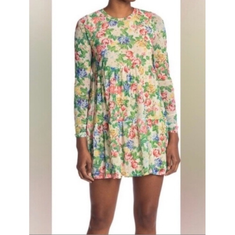 Revolve AFRM floral long sleeve babydoll mini dress tiered mesh summer